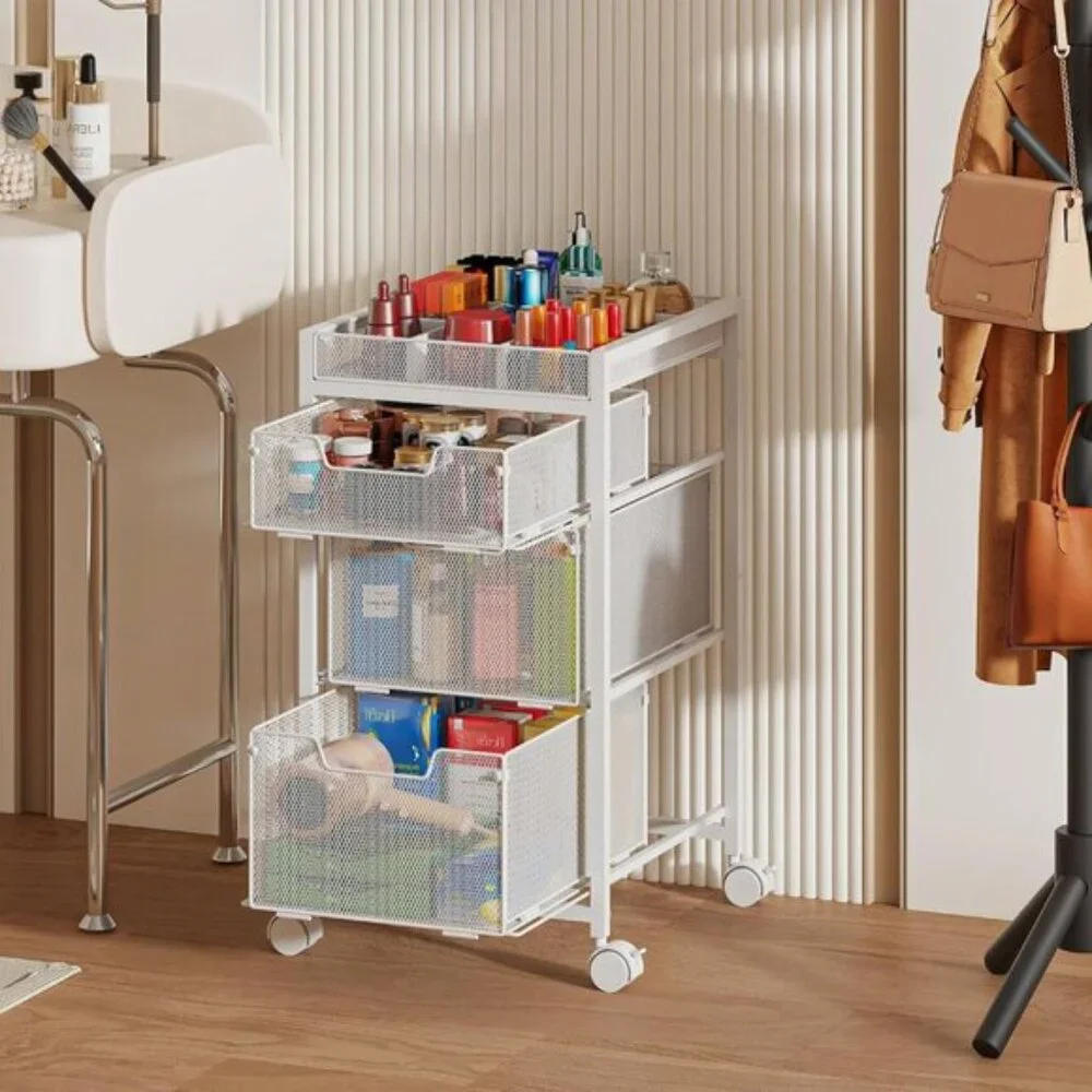 New Rolling Makeup Cart Organizer, 3-Drawer White Vanity Storage with Wheels